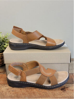 Clarks 7 Leisa Joy Tan Leather Strappy Ankle Strap Wedge Sandals Shoes Casual